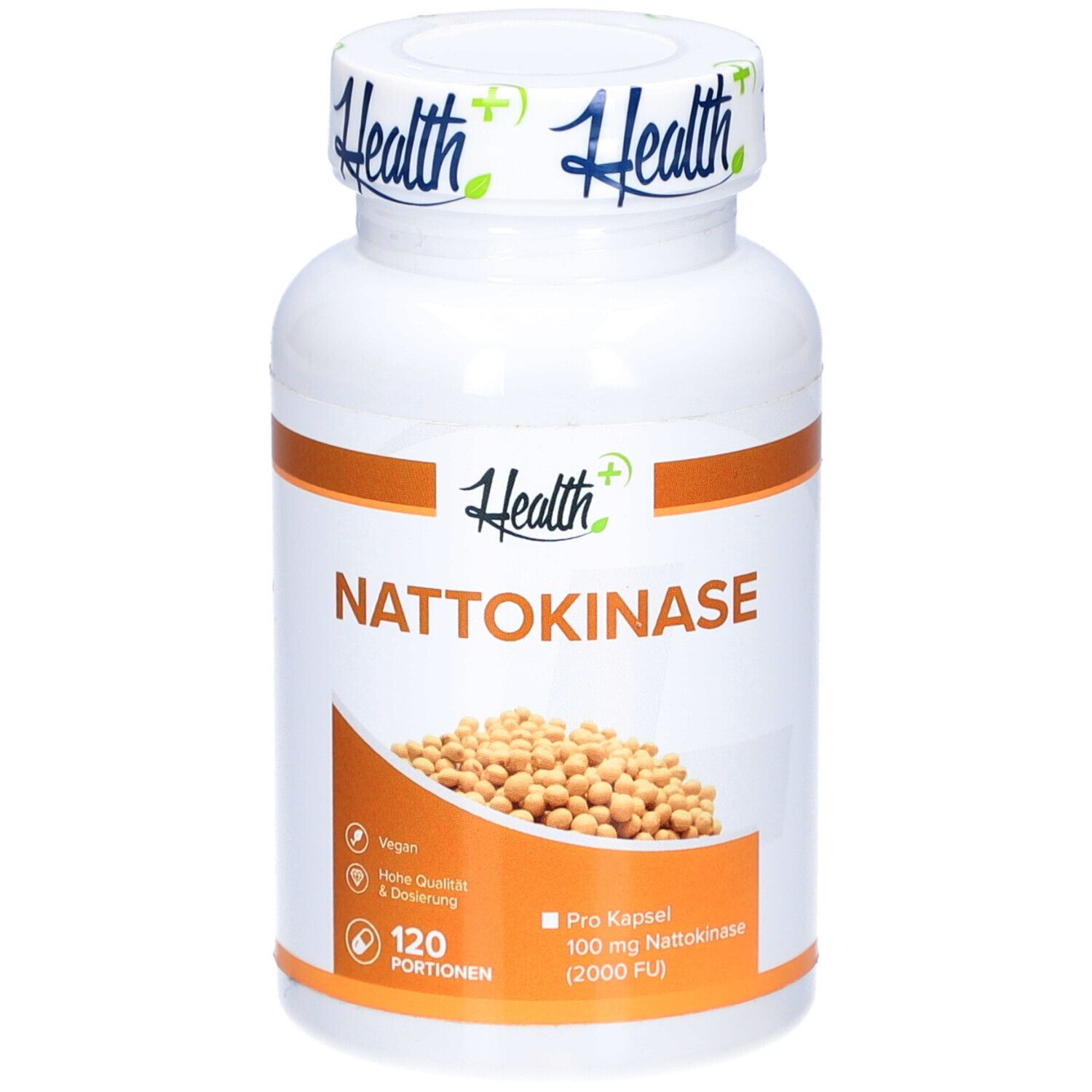 Flacon blanc HEALTH+ NATTOKINASE. Inscription : 120 portions, 100 mg nattokinase.