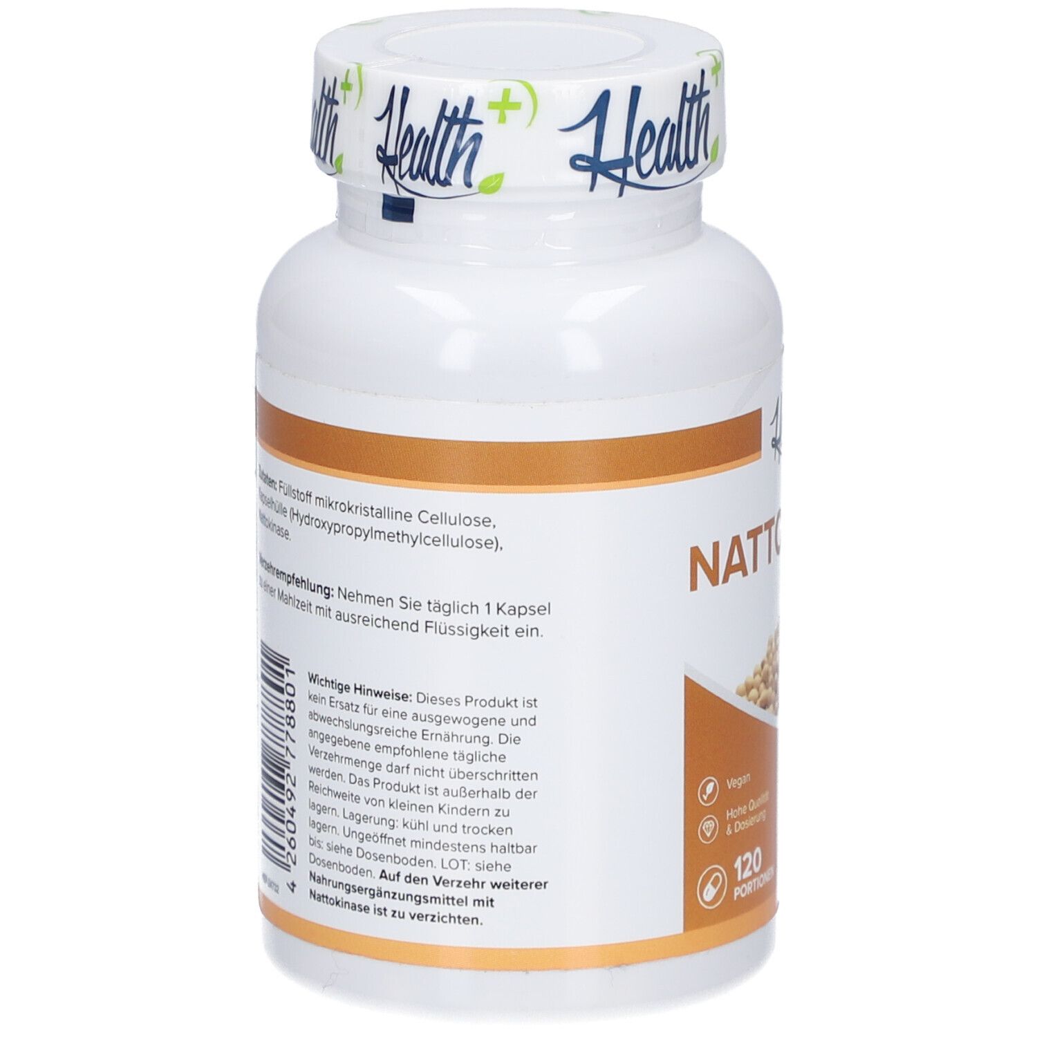 Dos de la bouteille blanche HEALTH+ NATTOKINASE. Texte : ingrédients, conseils d'utilisation, informations importantes.