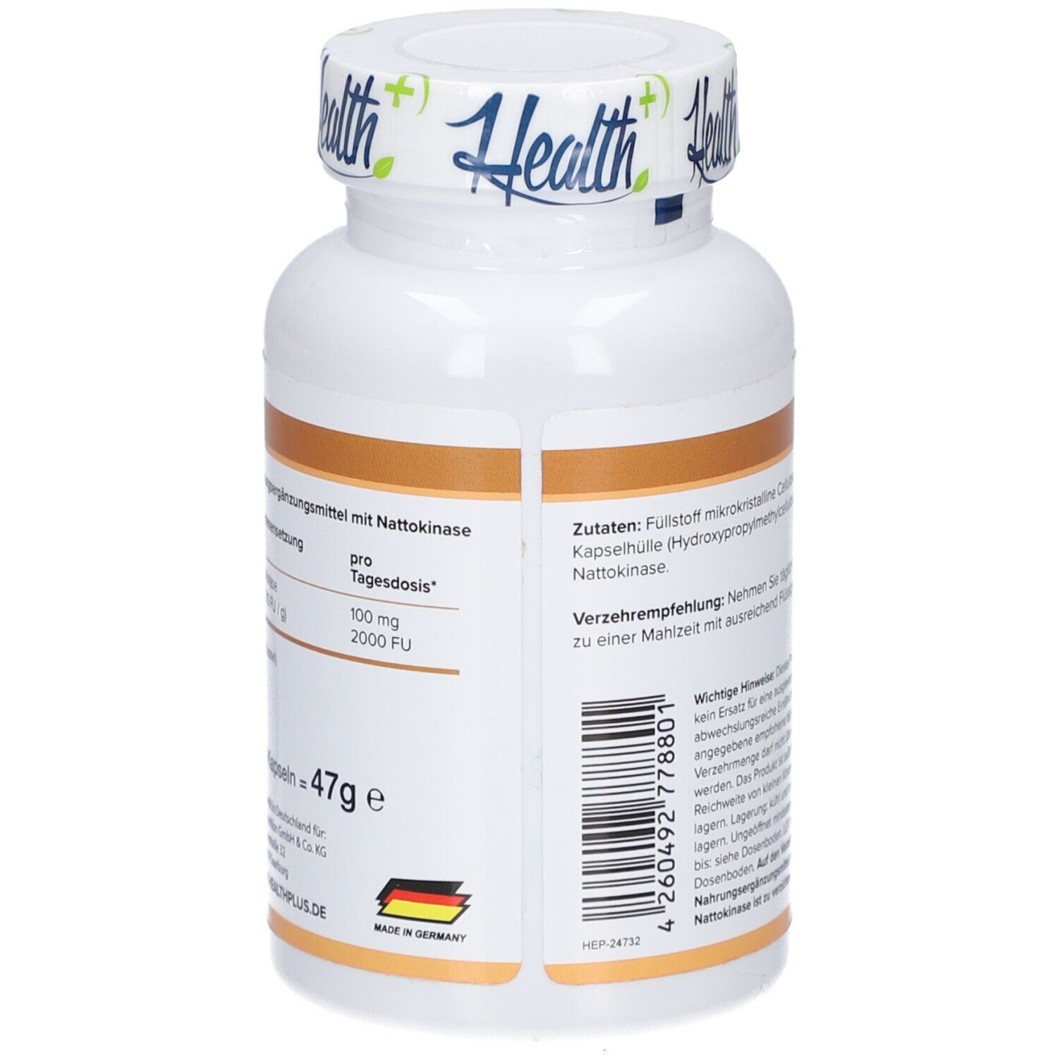 Dos de la bouteille blanche HEALTH+ NATTOKINASE. Texte : Nattokinase, par dose quotidienne, 100 mg, 2000 FU.