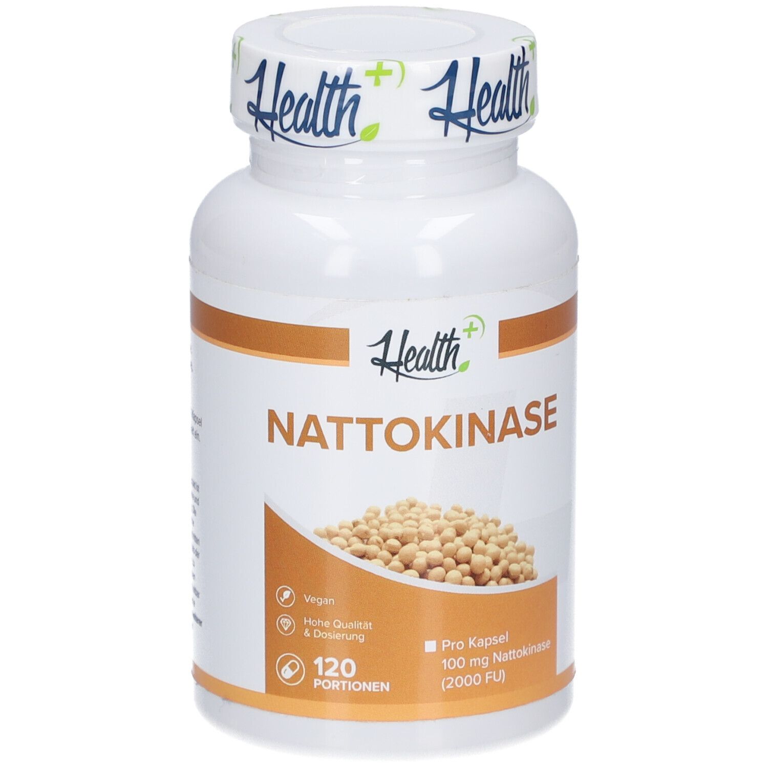 Flacon blanc HEALTH+ NATTOKINASE. Inscription : 120 portions, 100 mg nattokinase, vegan.