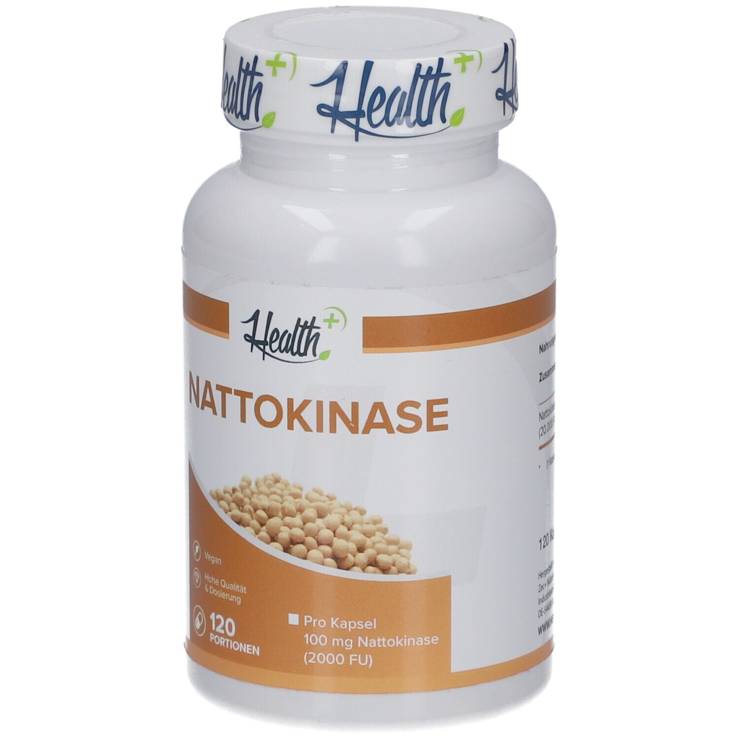 Flacon blanc HEALTH+ NATTOKINASE. Inscription : 120 portions, 100 mg nattokinase, vegan.