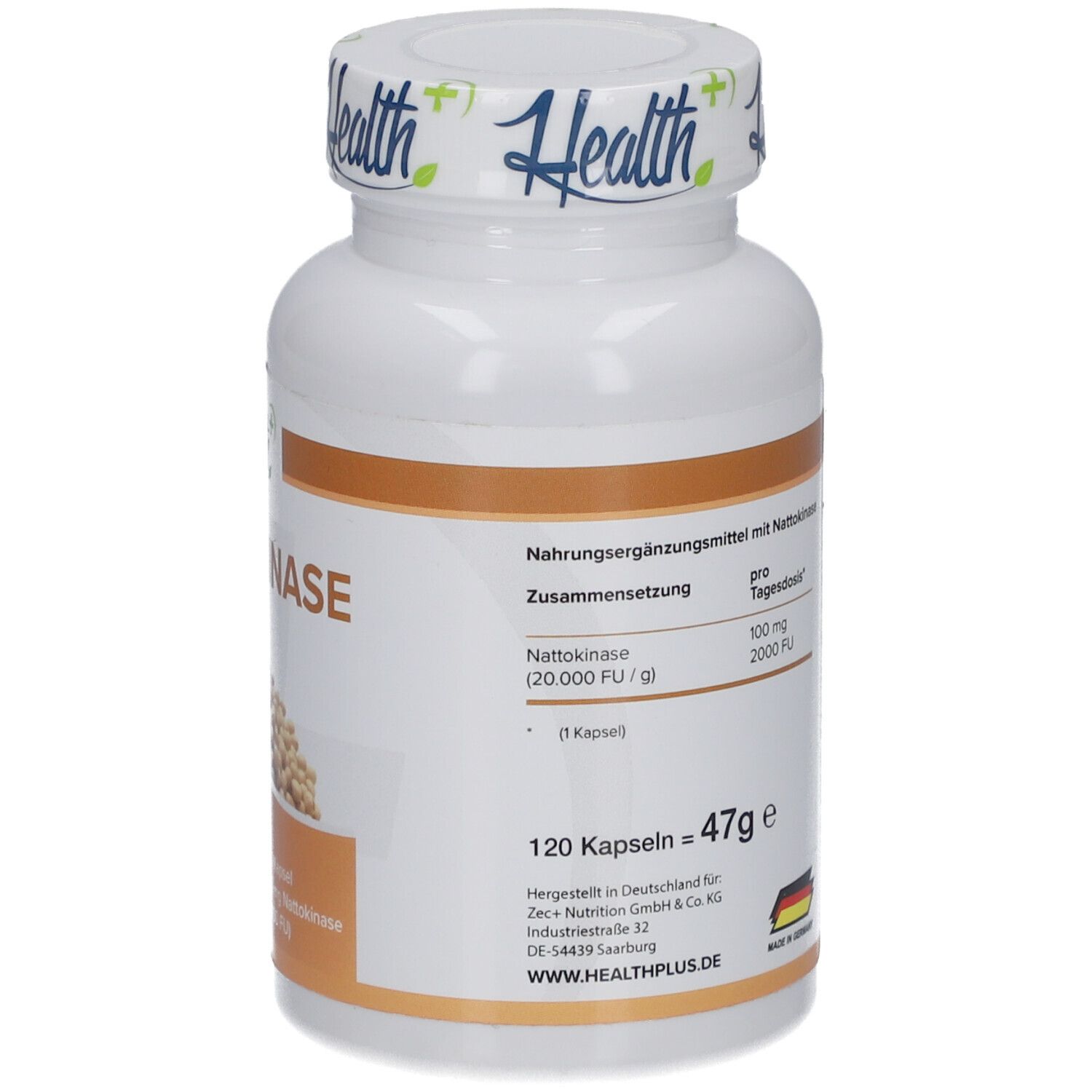 Dos de la bouteille blanche HEALTH+ NATTOKINASE. Texte : Nattokinase, 100 mg, 2000 FU, 120 gélules.