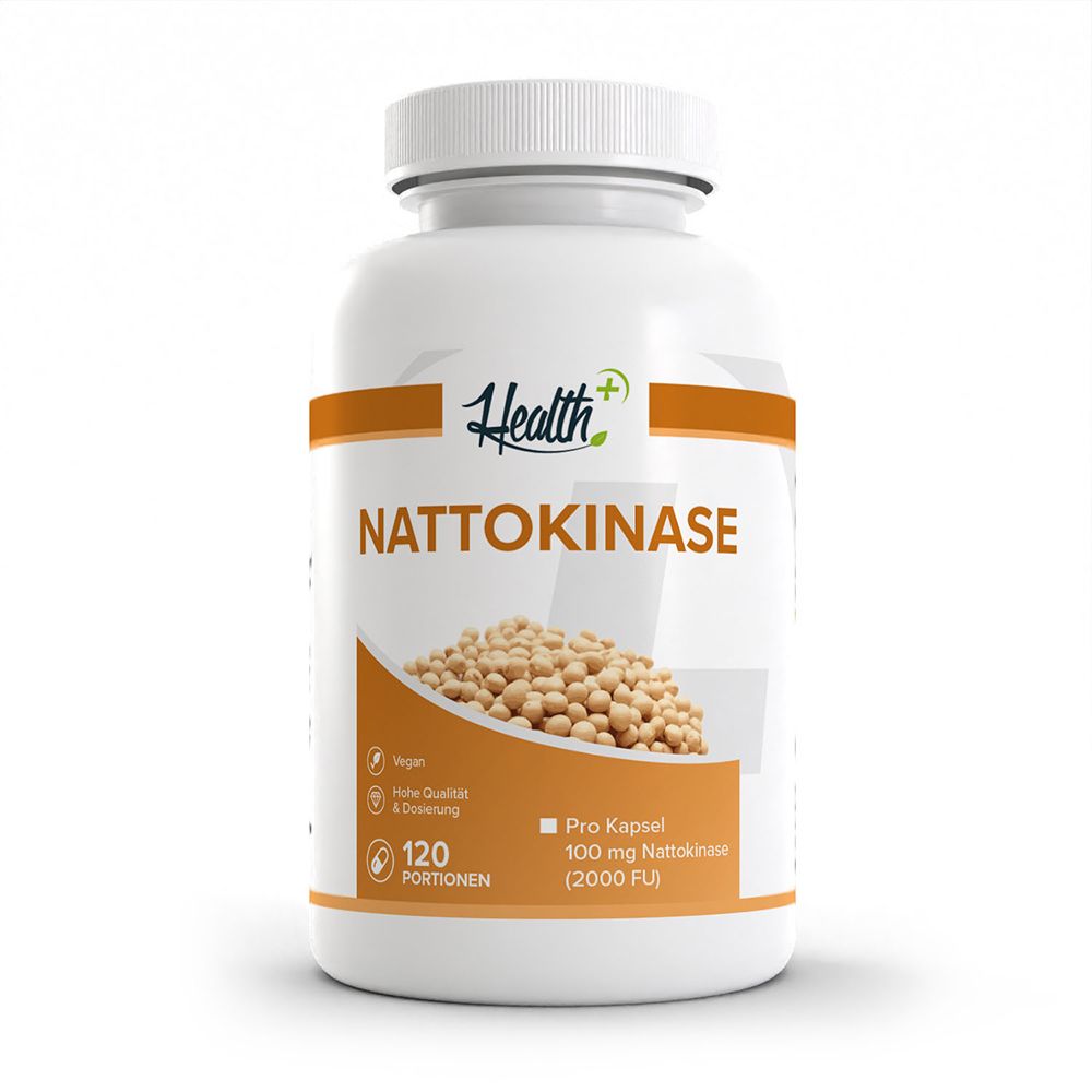 Avant d'un pot blanc avec étiquette orange. Montre 'NATTOKINASE', un bol de soja et '120 portions'.