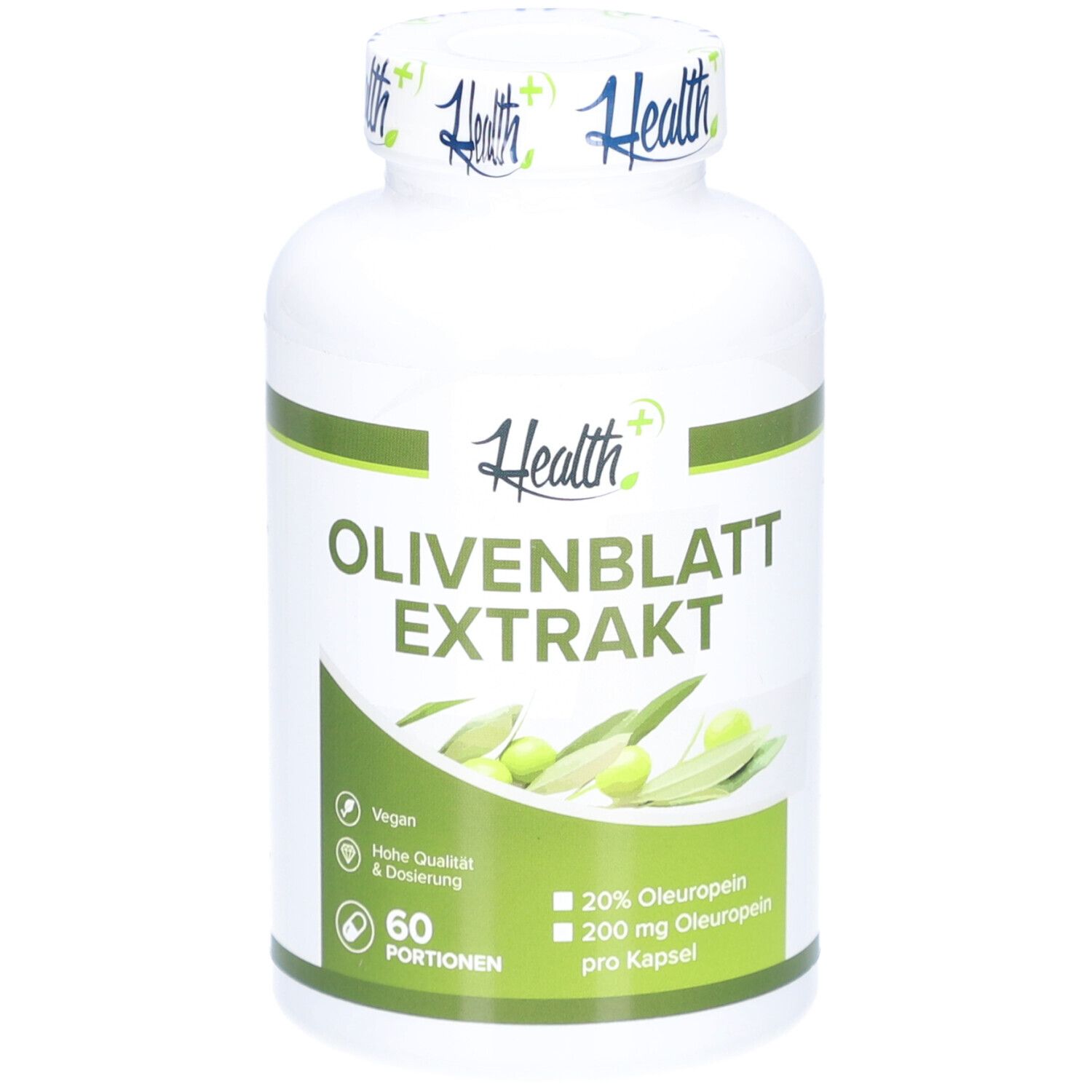 Weiße Flasche mit grünem Etikett. Aufschrift: Olivenblattextrakt, 60 Portionen. Vegan.