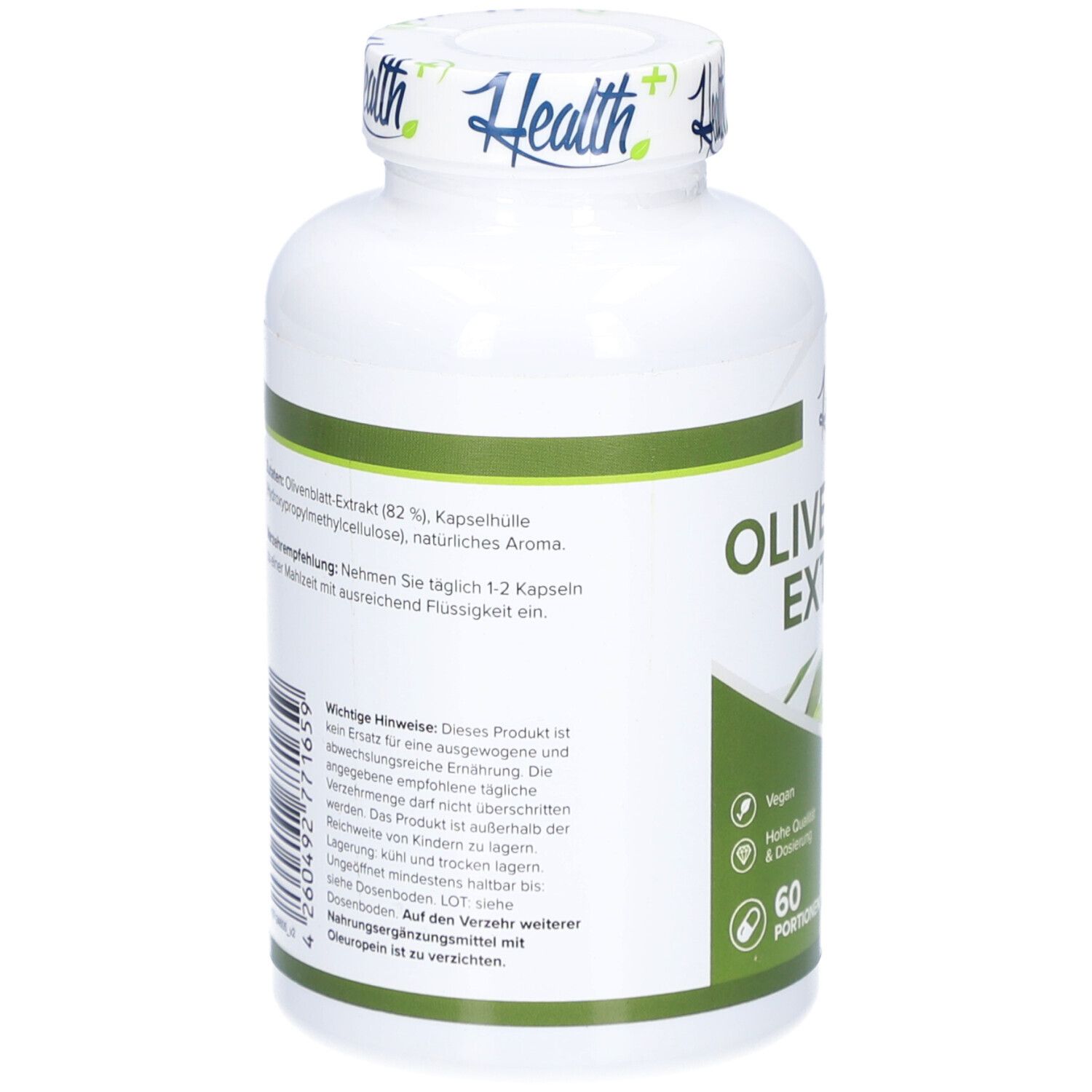Rückseite der weißen Flasche. Text: Anwendungshinweise, wichtige Hinweise. 60 Portionen. Vegan.