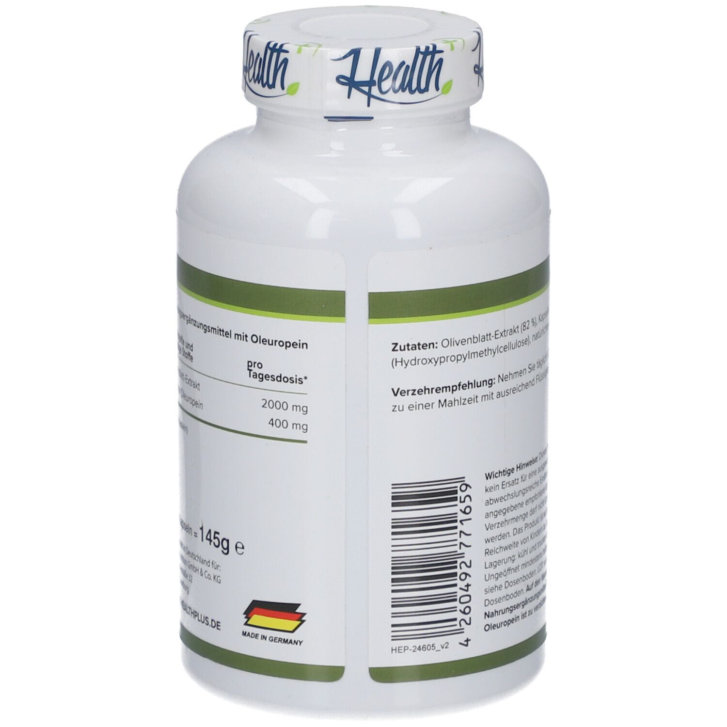 Rückseite der weißen Flasche. Text: Zutaten, Nährwertangaben, hergestellt in Deutschland. 145g.