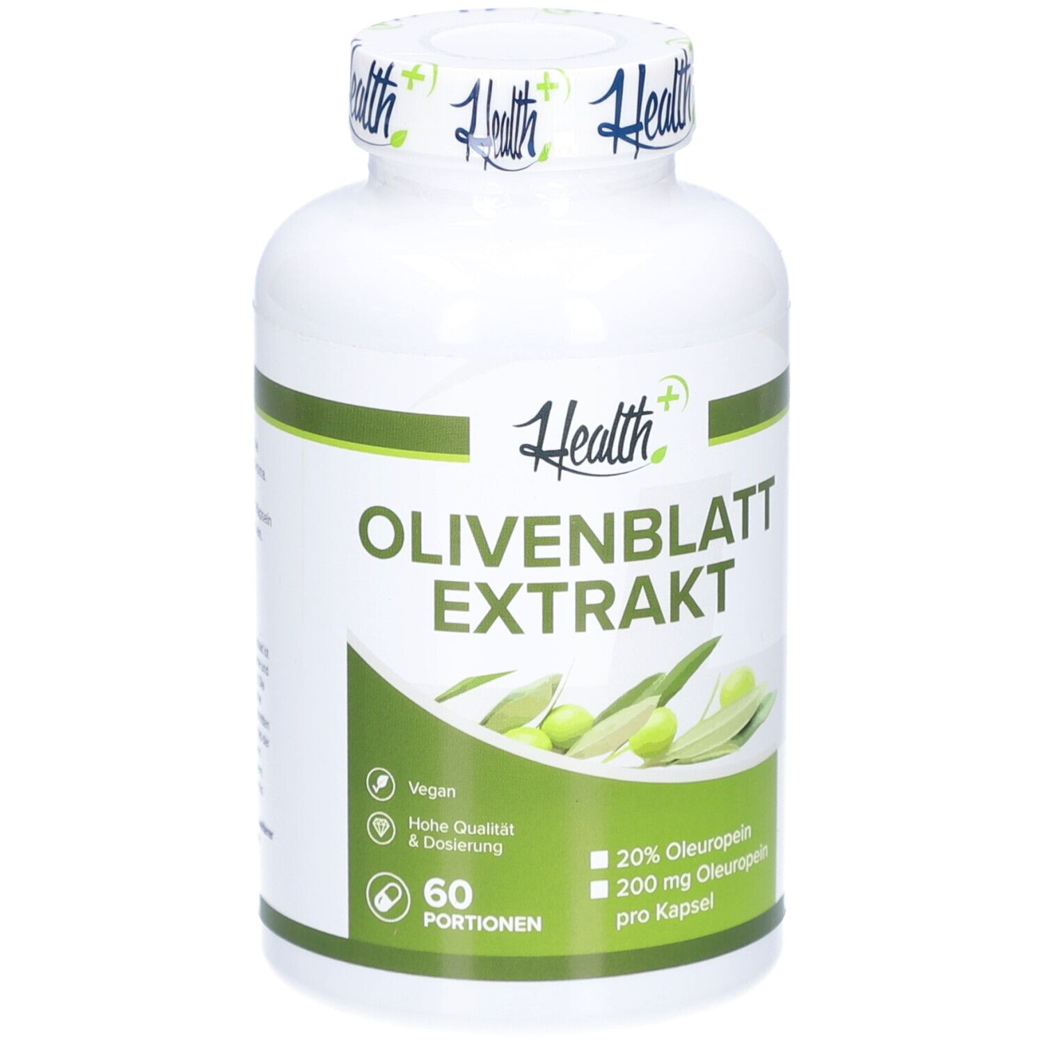 Weiße Flasche mit grünem Etikett. Aufschrift: Olivenblattextrakt, 60 Portionen. Vegan.