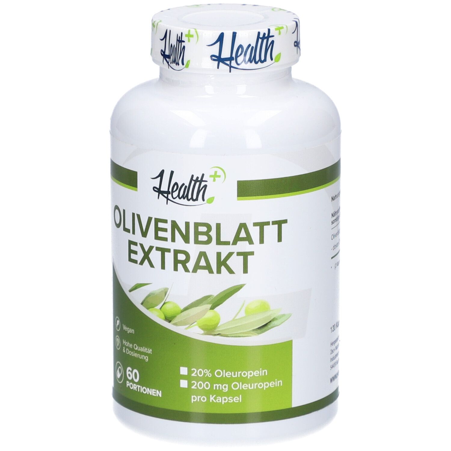 Weiße Flasche mit grünem Etikett. Aufschrift: Olivenblattextrakt, 60 Portionen. Vegan.