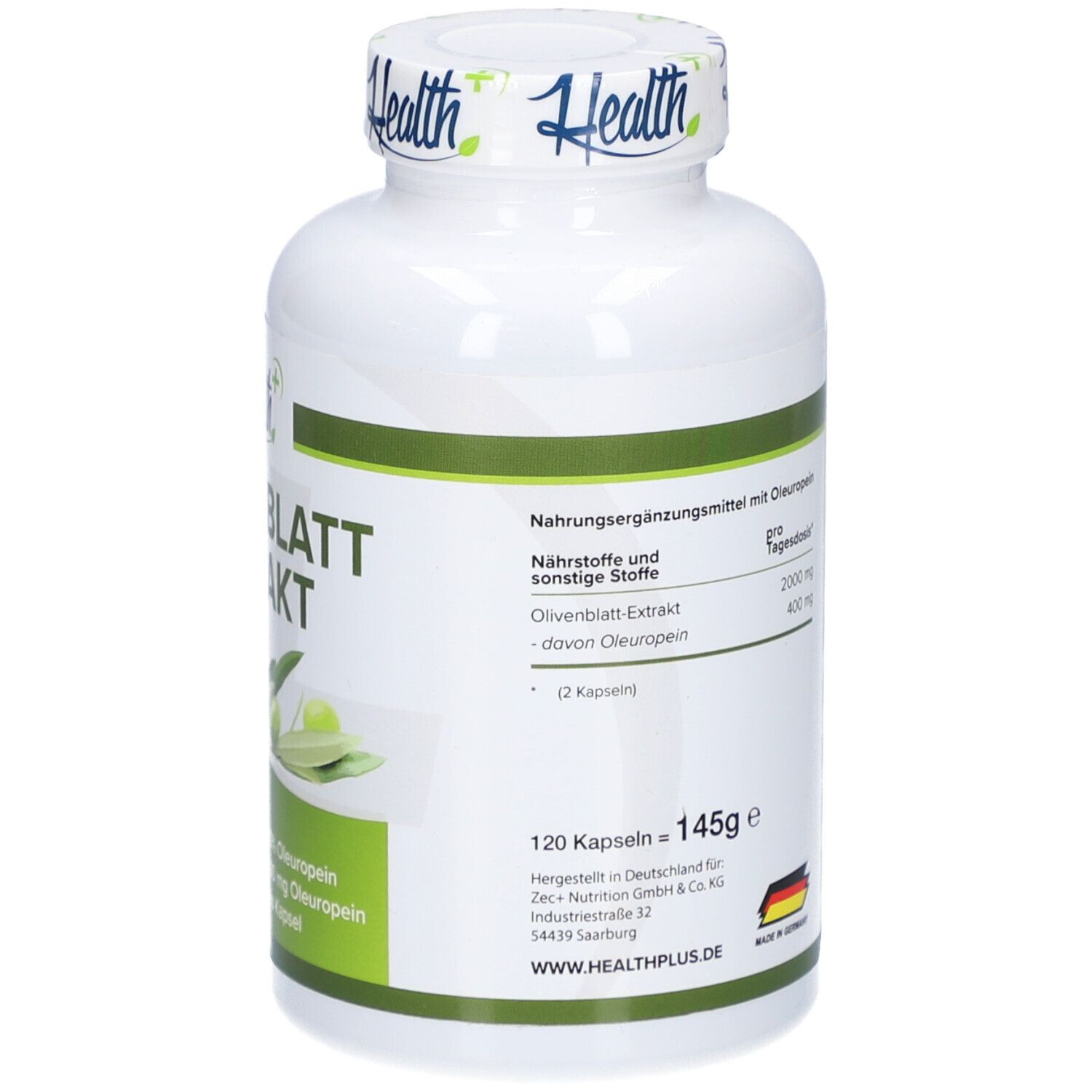 Weiße Flasche mit grünem Etikett. Aufschrift: Olivenblattextrakt, 120 Kapseln. Hergestellt in Deutschland. 145g.