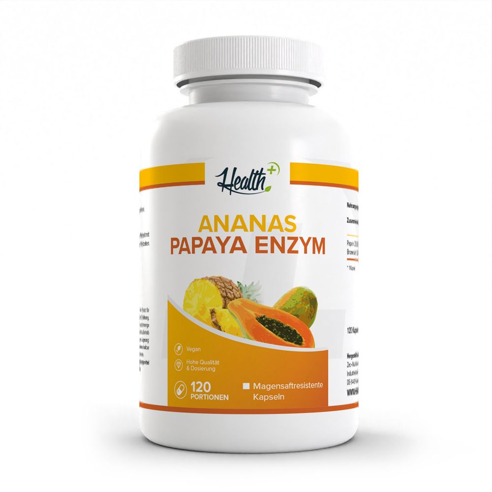 Weiße Kapsel mit orange-gelbem Etikett, das Ananas und Papaya zeigt. Enthält 120 Portionen.