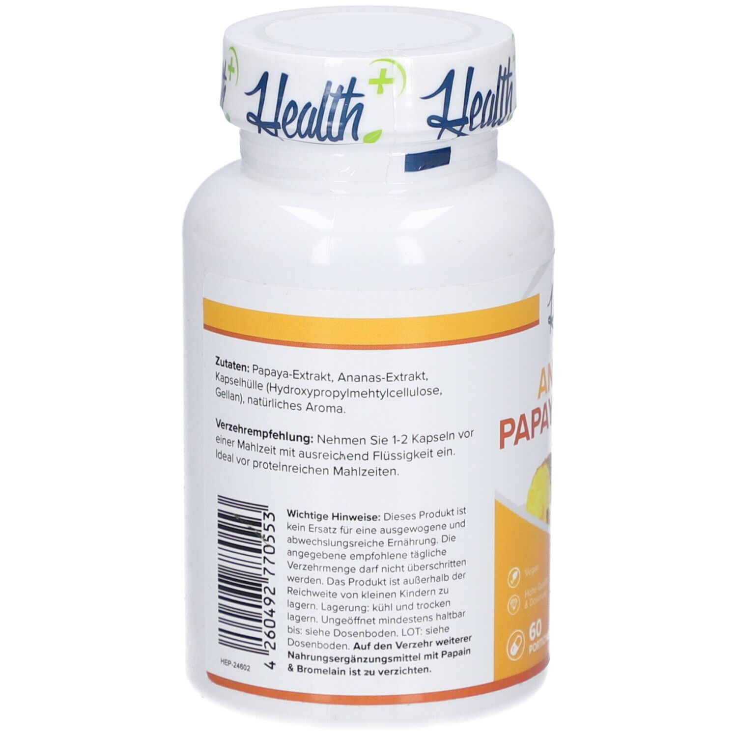 Dos du flacon blanc avec HEALTH+ ANANAS PAPAYA ENZYM. Liste des ingrédients et instructions d'utilisation. 60 gélules.