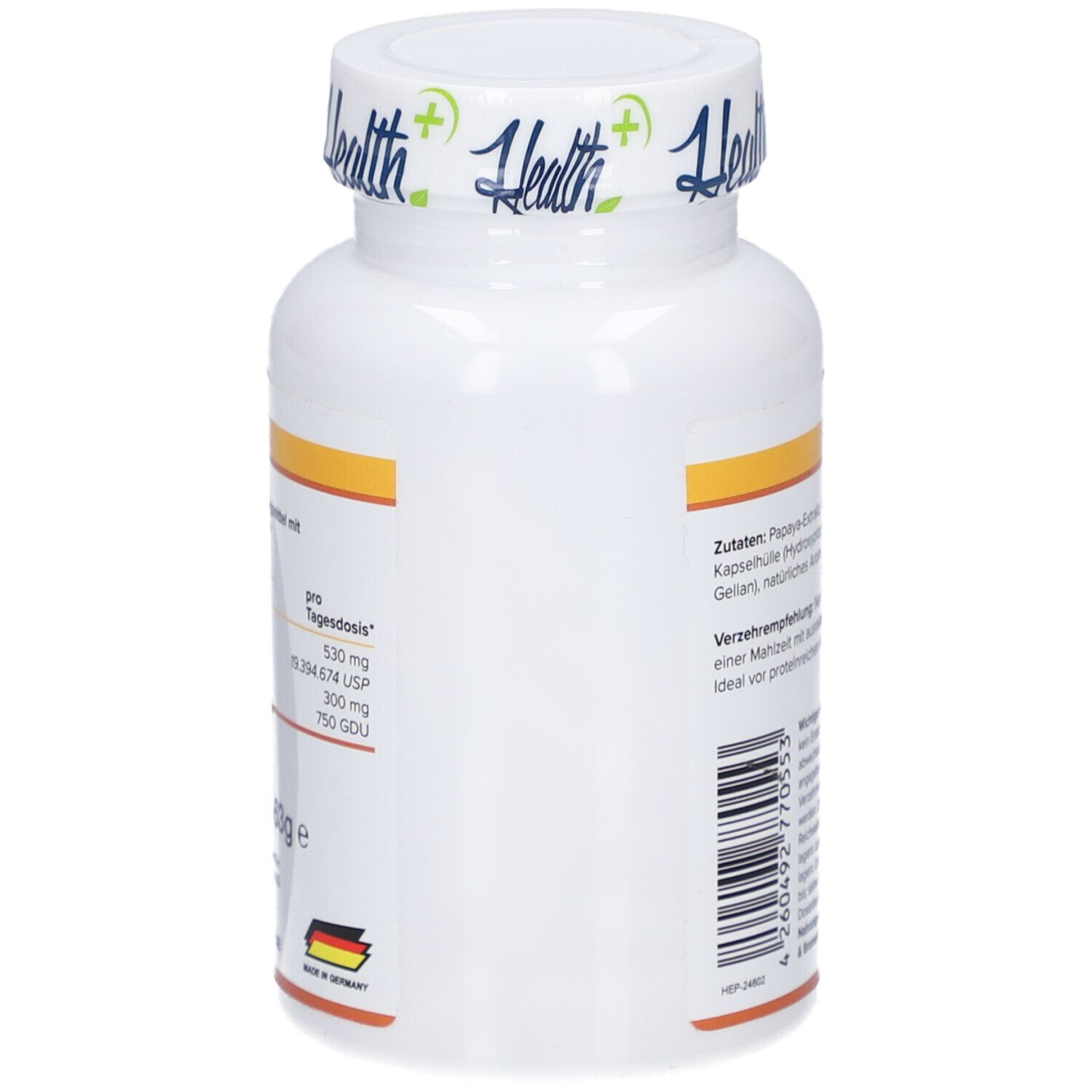 Flacon blanc avec HEALTH+ ANANAS PAPAYA ENZYM. Vue latérale avec informations nutritionnelles. Fabriqué en Allemagne.