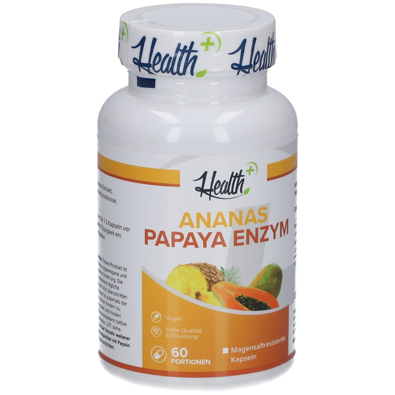 Flacon blanc avec HEALTH+ ANANAS PAPAYA ENZYM. Illustration d'ananas et de papaye. 60 portions. Végétalien.