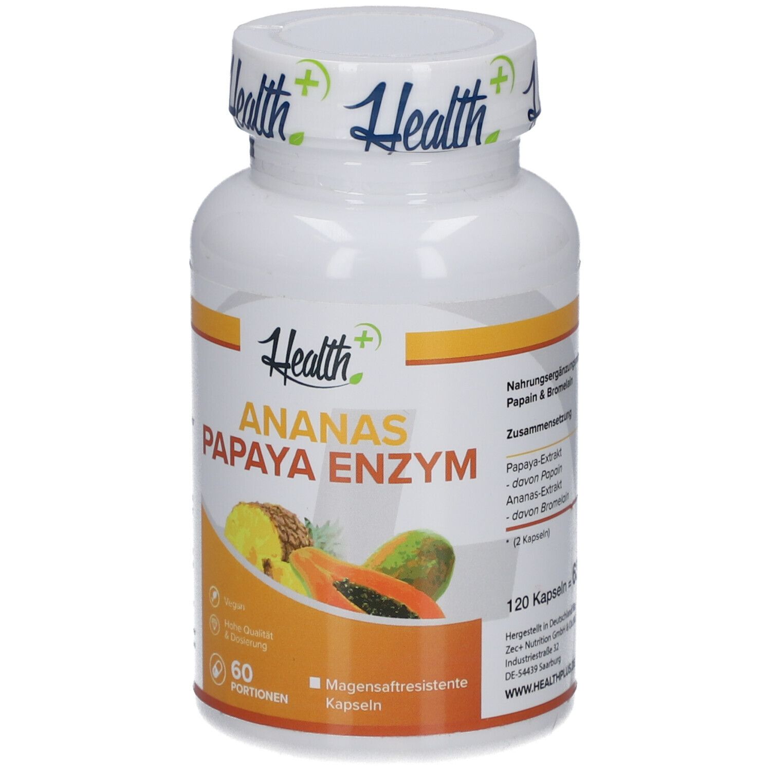 Flacon blanc avec HEALTH+ ANANAS PAPAYA ENZYM. Illustration d'ananas et de papaye. 120 gélules. Végétalien.
