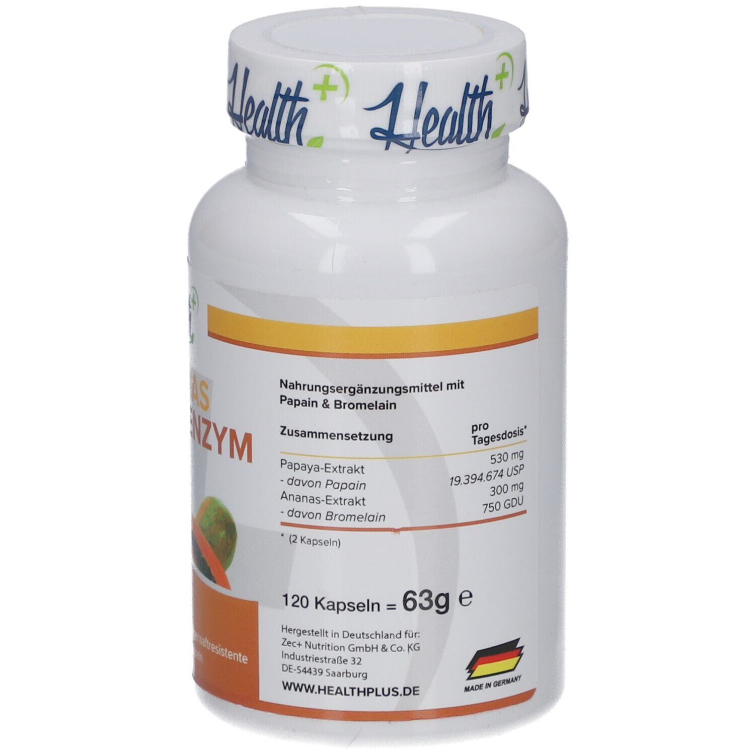 Dos du flacon blanc avec HEALTH+ ANANAS PAPAYA ENZYM. Liste des ingrédients et informations nutritionnelles. 120 gélules.