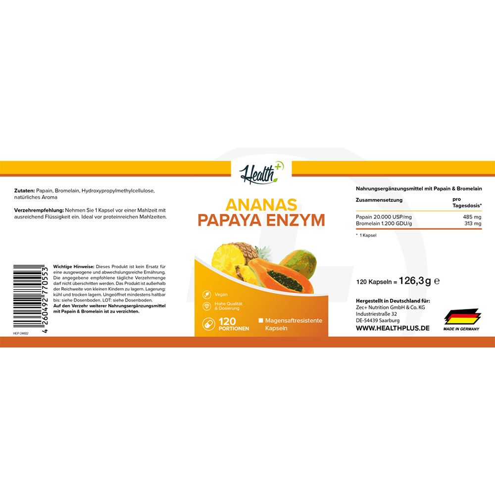 Etikett einer Kapselverpackung mit Produktinformationen, Zutaten und Herkunftsangabe. 120 Kapseln.