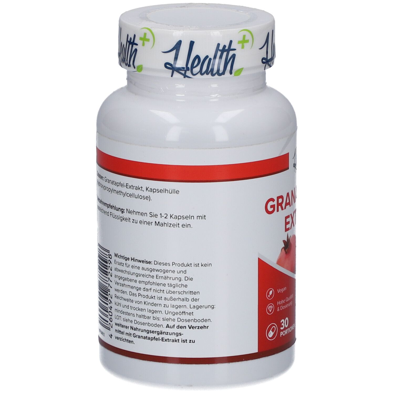 Dos du flacon blanc. Texte sur les ingrédients et l'utilisation. 30 portions. Végétalien. Fabriqué en Allemagne.