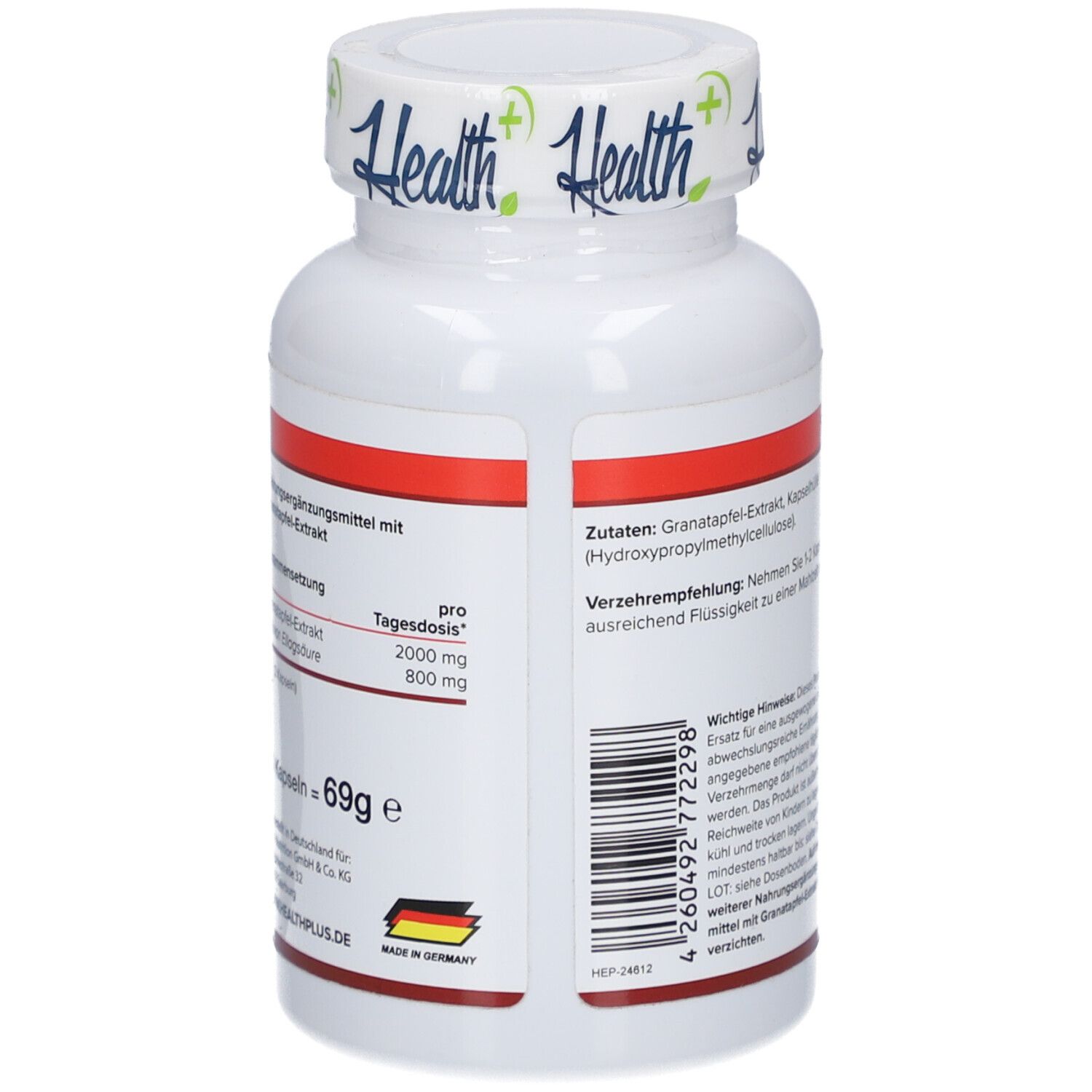 Dos du flacon blanc. Informations sur les ingrédients et la dose quotidienne. Fabriqué en Allemagne. Poids: 69g.