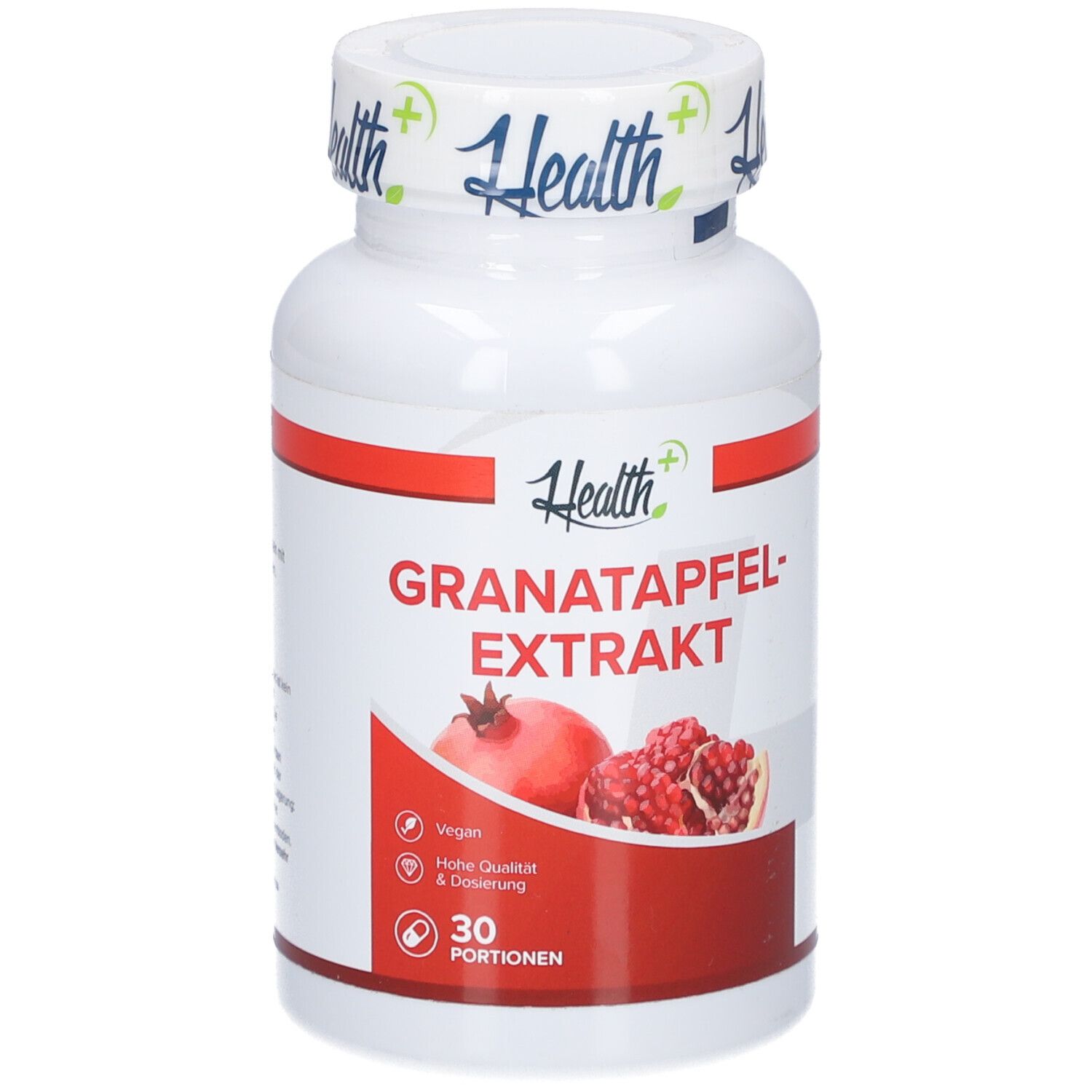 Flacon blanc avec étiquette rouge. Inscription: Extrait de grenade. Illustration de grenade. 30 portions.