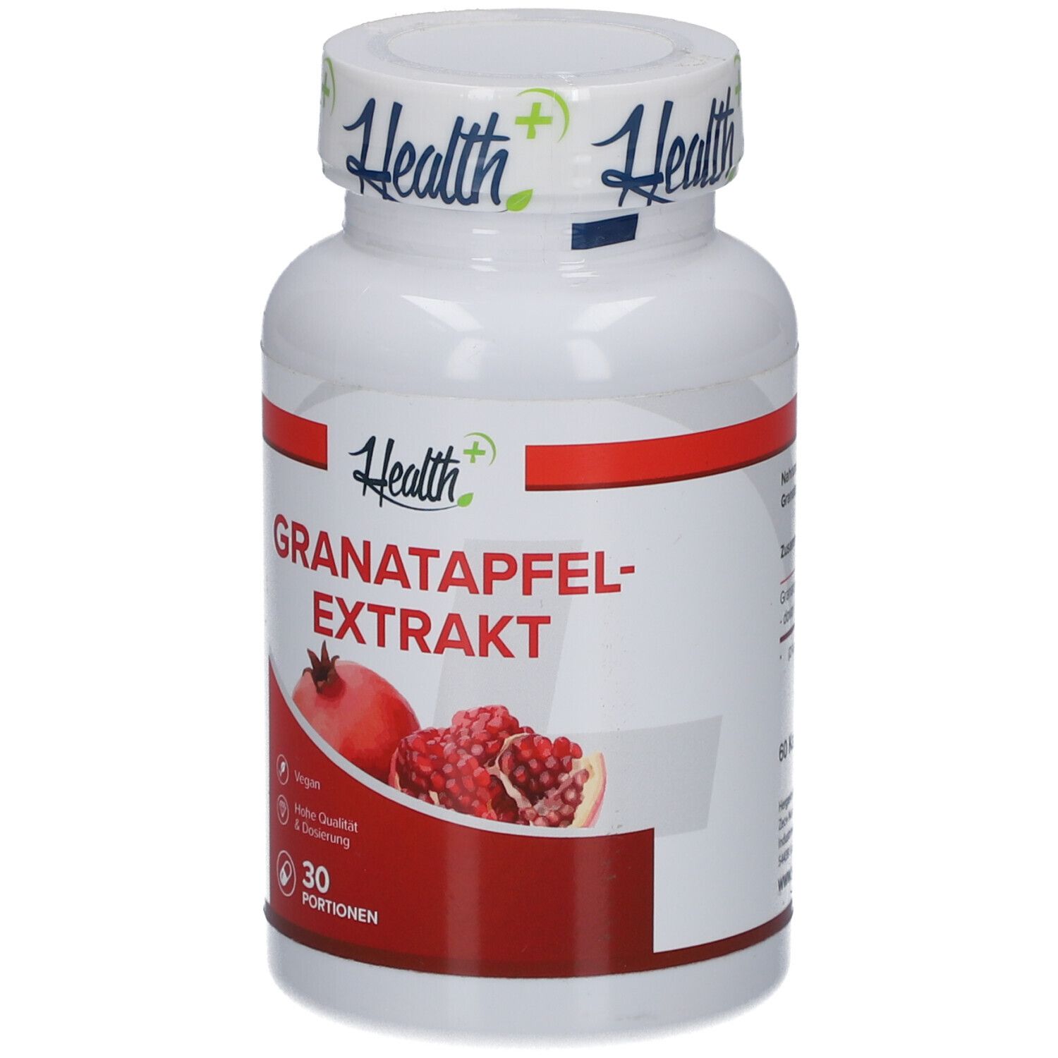 Flacon blanc avec étiquette rouge. Inscription: Extrait de grenade. Illustration de grenade. 30 portions.