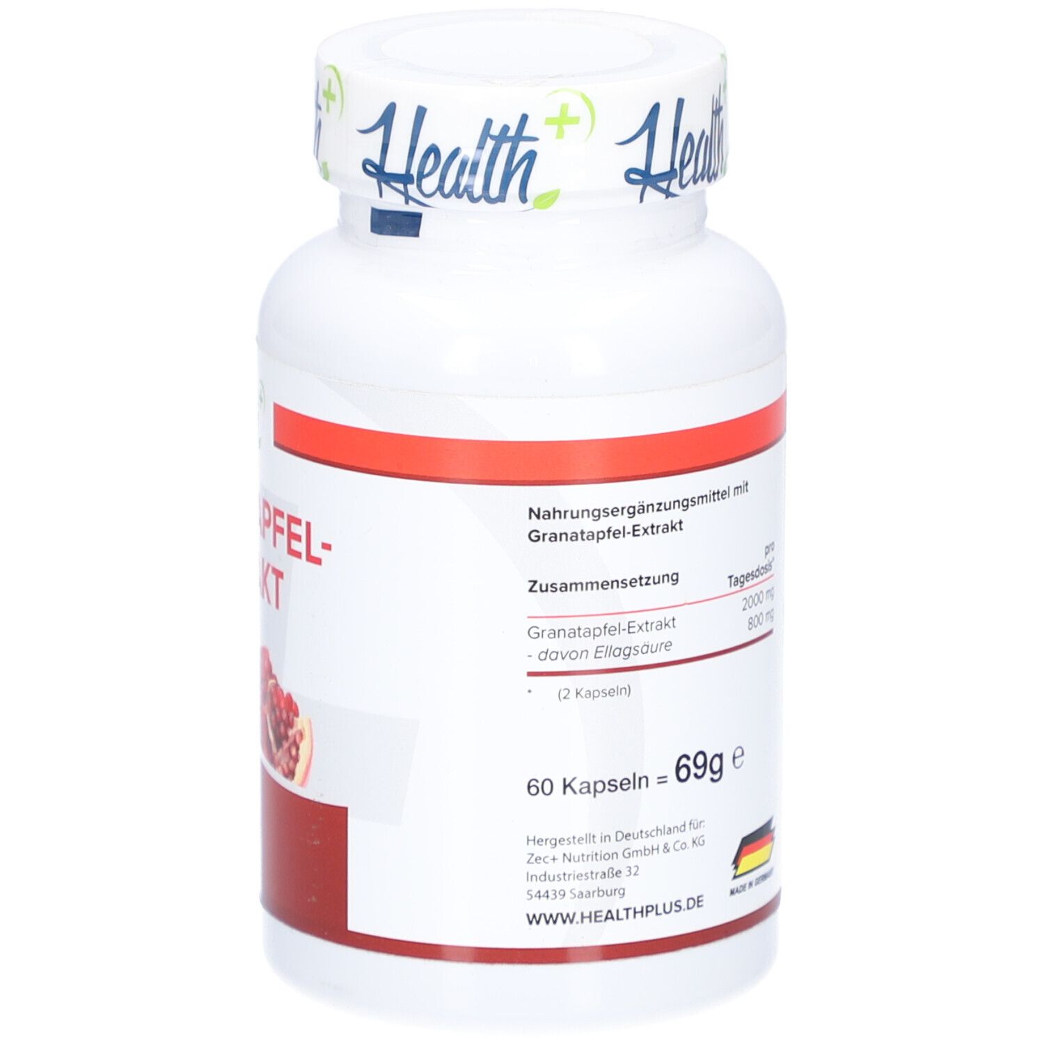 Flacon blanc avec étiquette rouge. Inscription: Extrait de grenade. 60 gélules. Poids: 69g. Fabriqué en Allemagne.
