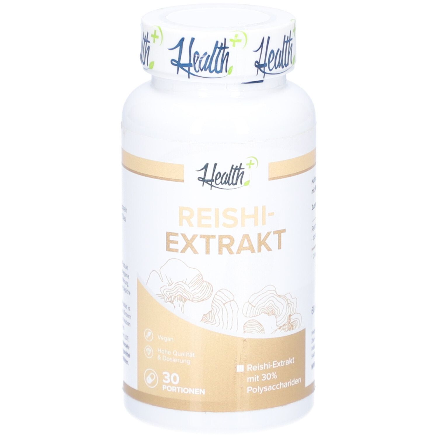 Weiße Flasche mit HEALTH+ REISHI-Extrakt. 30 Portionen. Illustration von Pilzen. Schriftzug: Reishi-Extrakt mit 30% Polysacchariden.