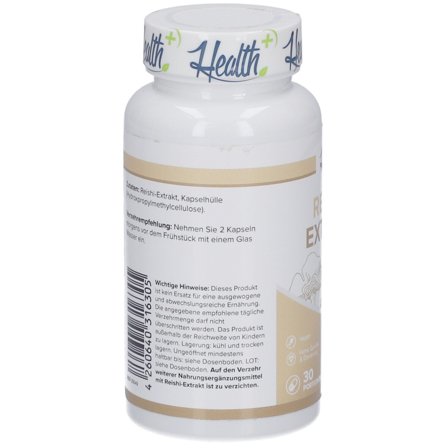 Rückseite der weißen Flasche HEALTH+ REISHI-Extrakt. Text mit Zutaten, Verzehrempfehlung und Warnhinweisen. Barcode und Herstellerinformationen.