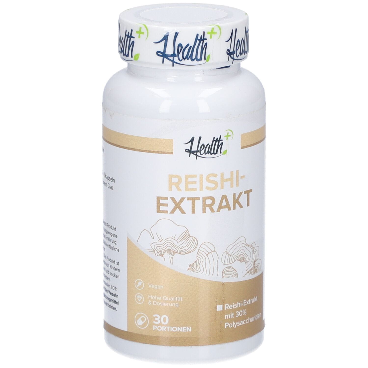 Weiße Flasche HEALTH+ REISHI-Extrakt. 30 Portionen. Illustration von Pilzen. Schriftzug: Reishi-Extrakt mit 30% Polysacchariden.