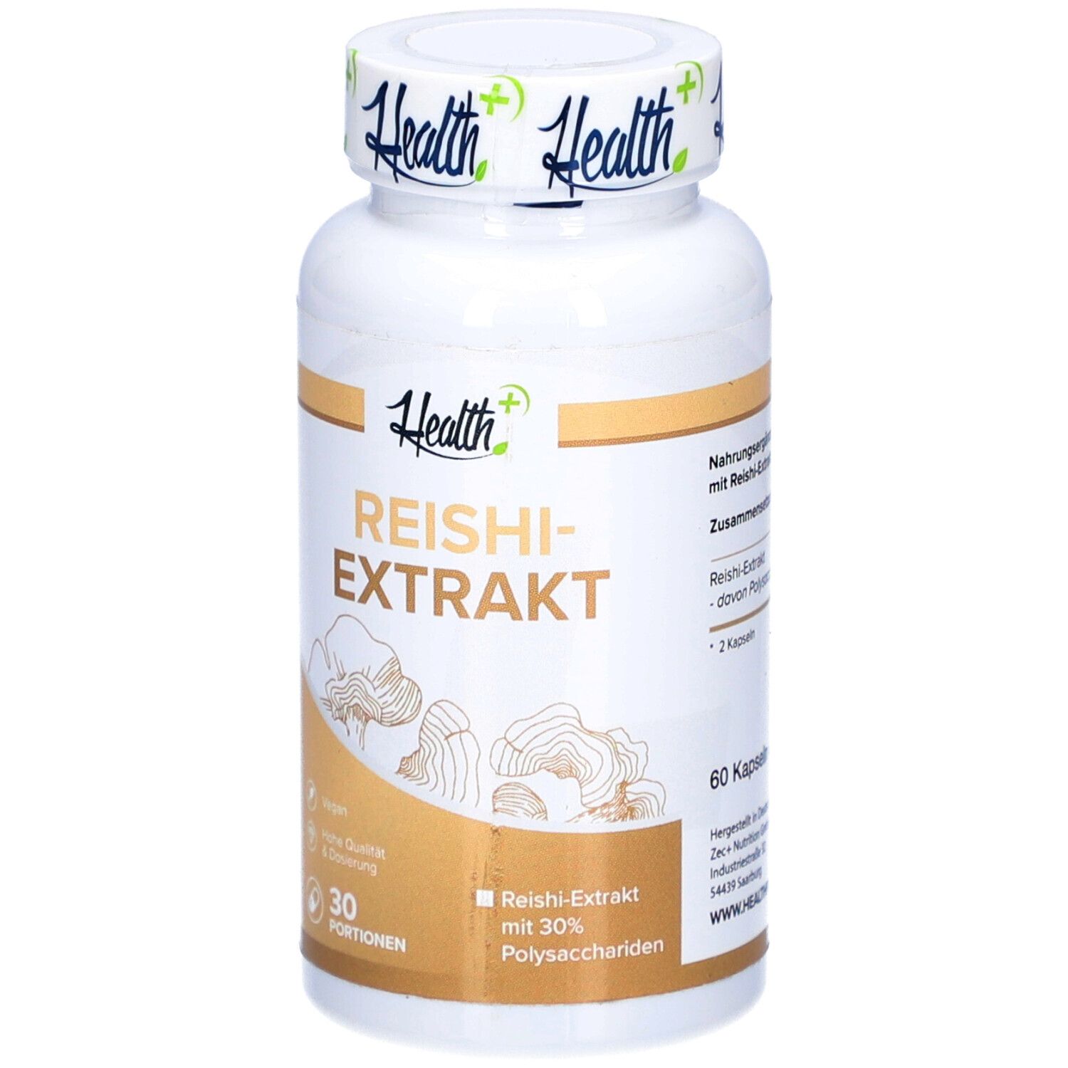 Weiße Flasche HEALTH+ REISHI-Extrakt. 60 Kapseln. Illustration von Pilzen. Schriftzug: Reishi-Extrakt mit 30% Polysacchariden.