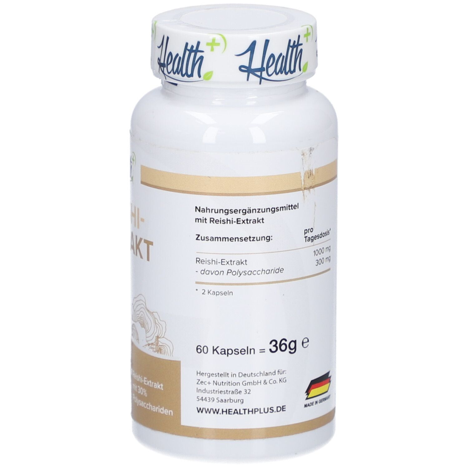 Weiße Flasche HEALTH+ REISHI-Extrakt. 60 Kapseln = 36g. Hergestellt in Deutschland. Zutaten, Verzehrempfehlung. Herstellerinformationen.
