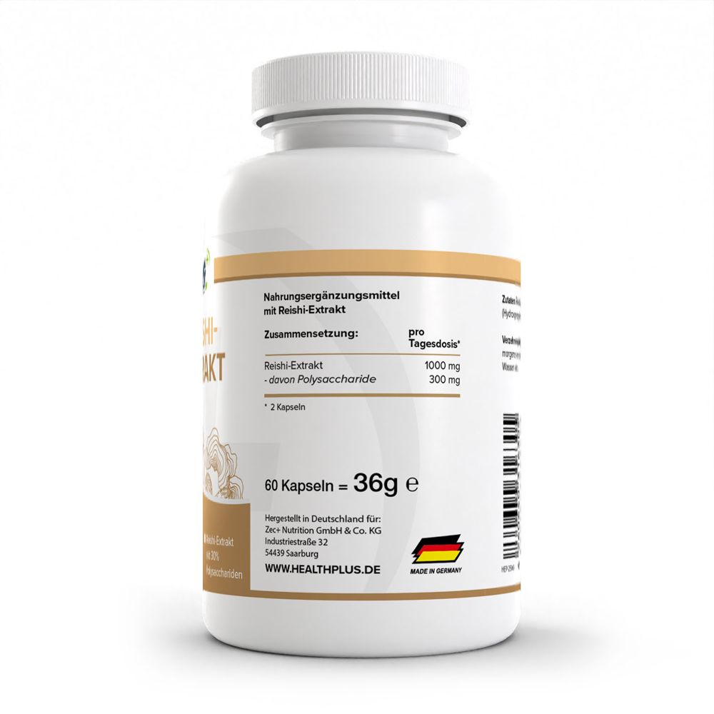 Pot blanc de capsules d'extrait de Reishi, 60 pièces. Contient des informations sur les ingrédients et la fabrication.