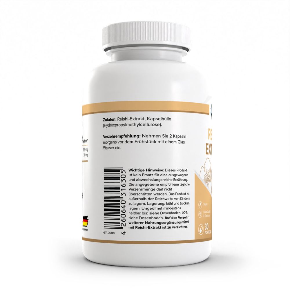 Arrière d'un pot de capsules d'extrait de Reishi. Contient la liste des ingrédients, la recommandation de consommation et des avertissements.