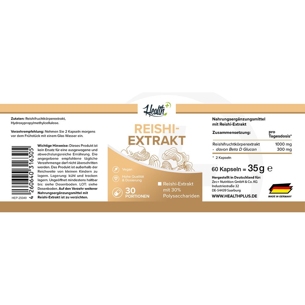 HEALTH+ Reishi Extrakt Dose: 60 Kapseln, 36g, Herstellung in Deutschland, Barcode.