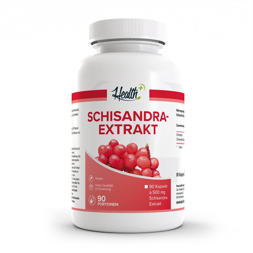 HEALTH+ Schisandra Extrait Gélules : Bouteille blanche avec étiquette rouge, montrant des baies rouges et des informations produit.
