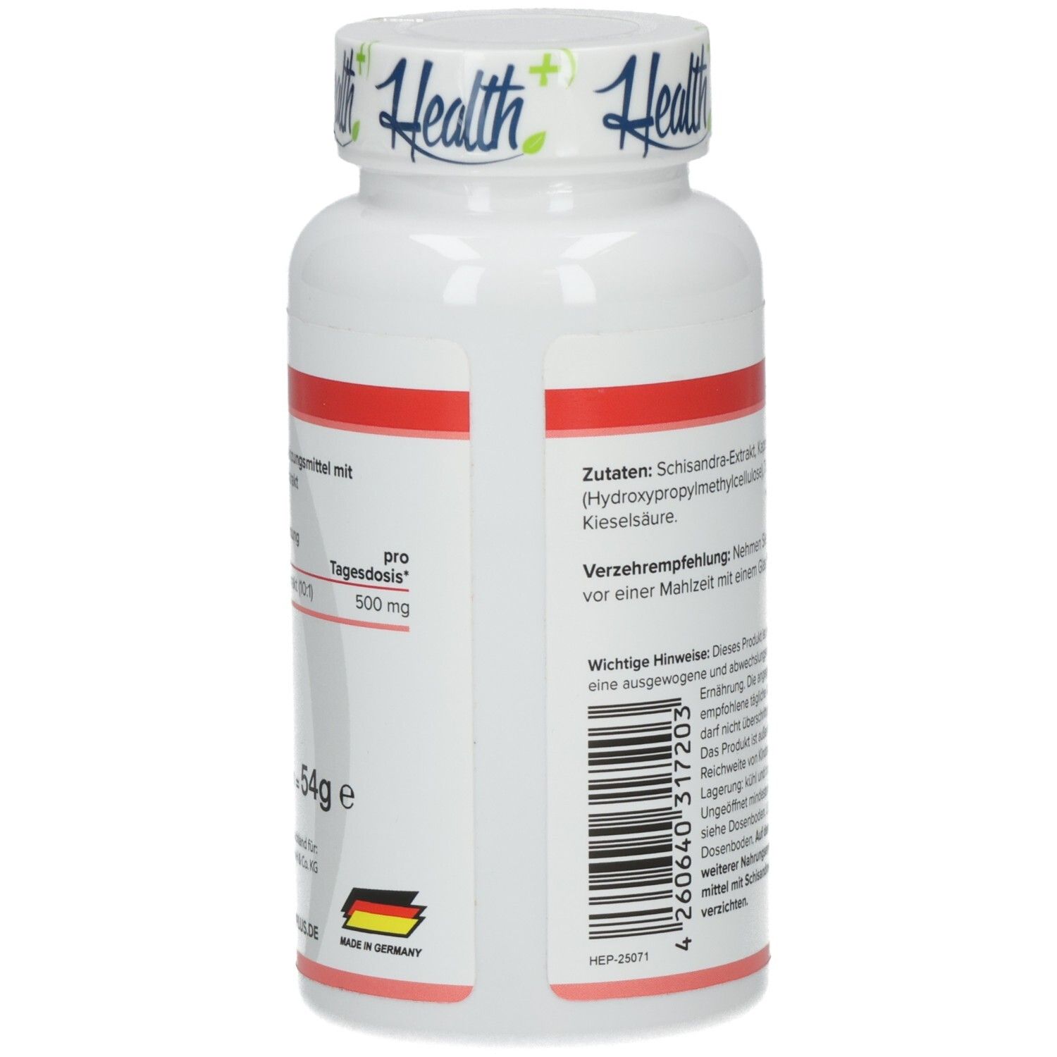 Weiße Flasche mit rotem Etikett. Text: Zutaten, Verzehrempfehlung, pro Tagesdosis 500 mg. Hergestellt in Deutschland.