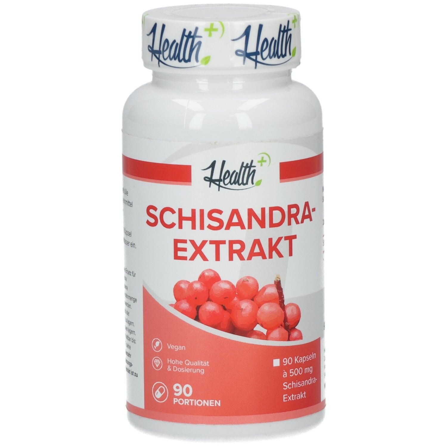 Weiße Flasche mit rotem Etikett. Aufschrift: SCHISANDRA-EXTRAKT. Abbildung von roten Beeren. 90 Kapseln.