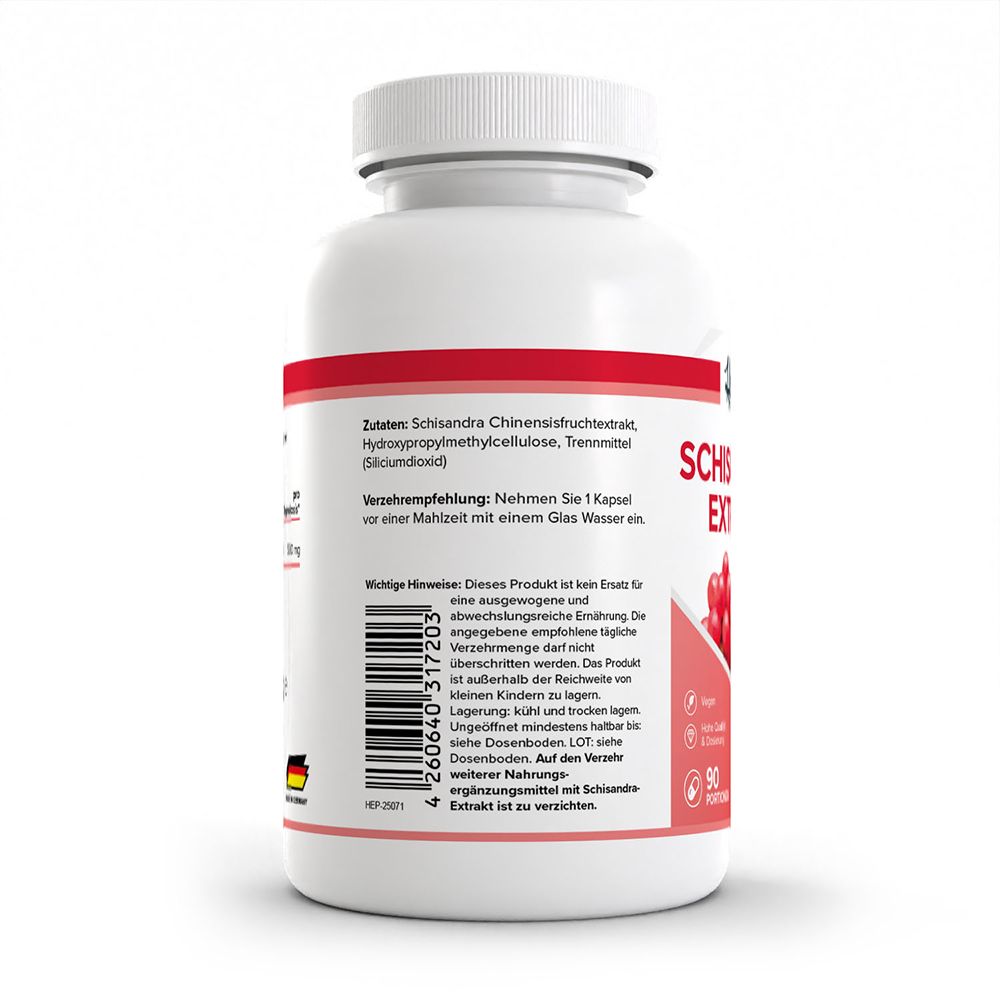 Dos de la bouteille HEALTH+ Schisandra Extrait avec ingrédients détaillés et instructions d'utilisation.