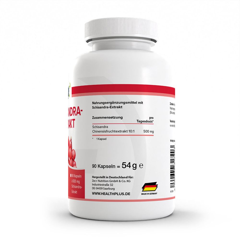 Bouteille HEALTH+ Schisandra Extrait, vue latérale avec informations nutritionnelles et détails de fabrication.