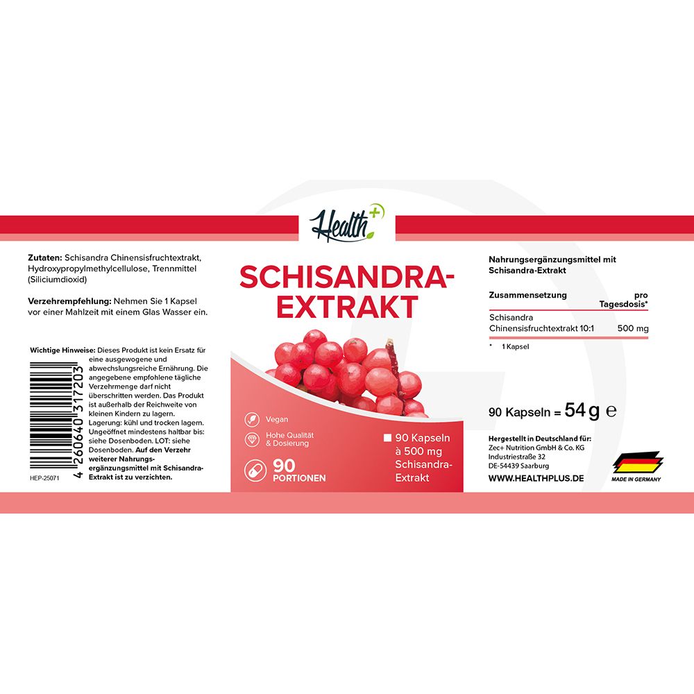 Étiquette de la bouteille HEALTH+ Schisandra Extrait avec informations sur les ingrédients, label vegan et taille de portion.