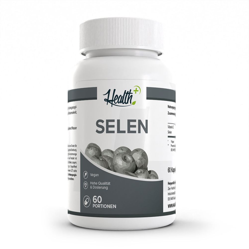 HEALTH+ Sélénium 200 µg Gélules : Flacon blanc avec étiquette grise, nom du produit et 60 portions.