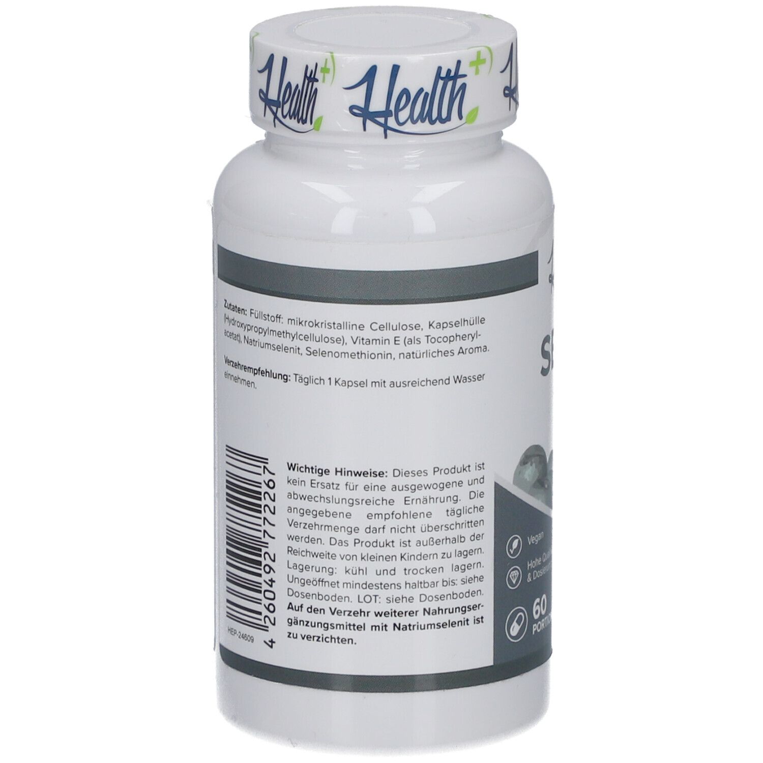 Dos du flacon HEALTH+ SELEN. Ingrédients, instructions d'utilisation et avertissements.