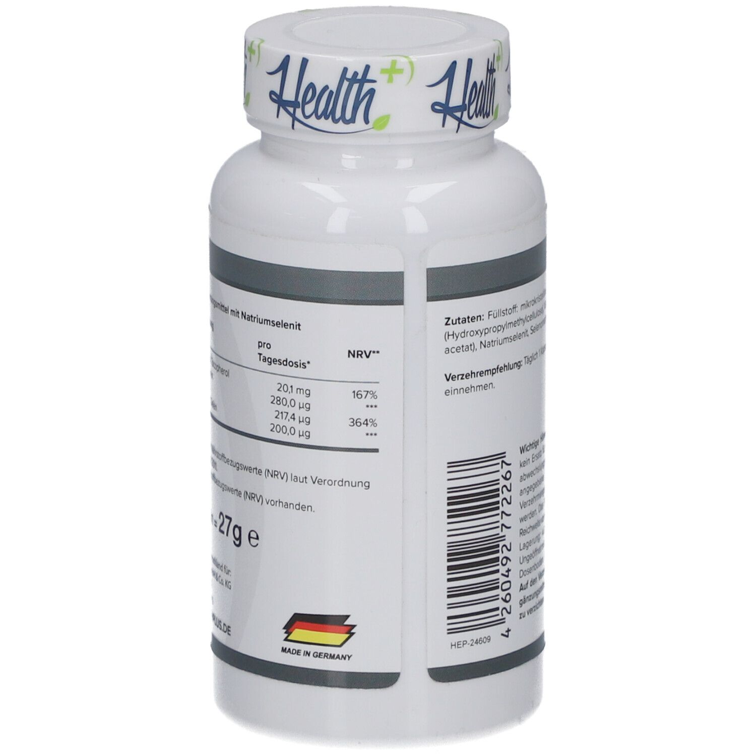 Dos du flacon HEALTH+ SELEN. Informations nutritionnelles, ingrédients, Fabriqué en Allemagne.