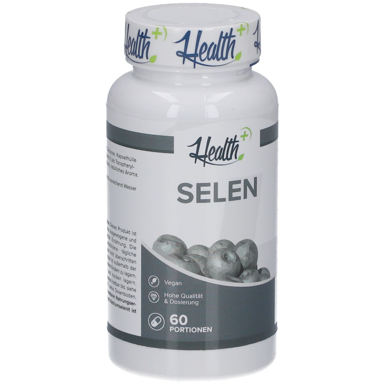 Flacon blanc HEALTH+ SELEN. 60 portions. Vegan. Haute qualité et dosage. Gélules.