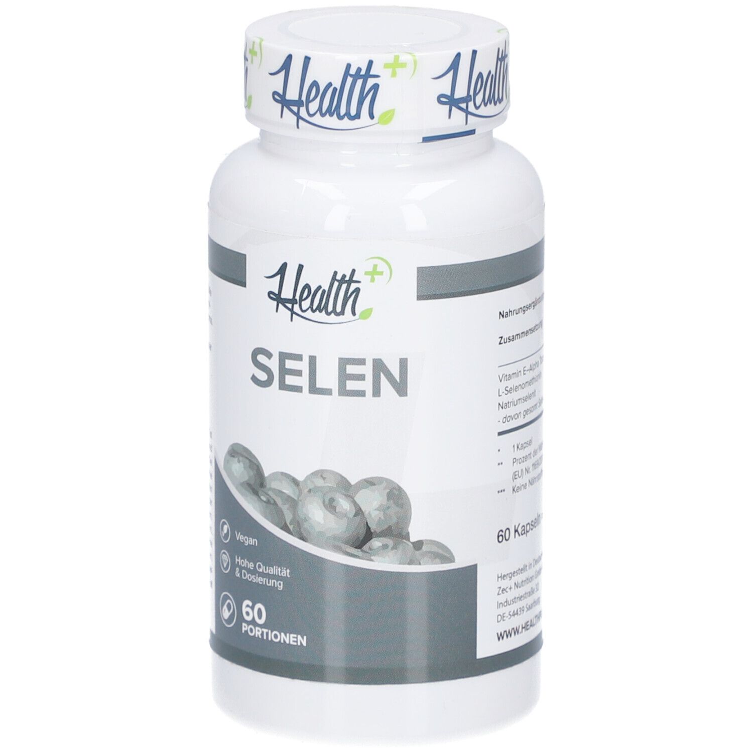 Flacon blanc HEALTH+ SELEN. 60 portions. Vegan. Haute qualité et dosage. Gélules.