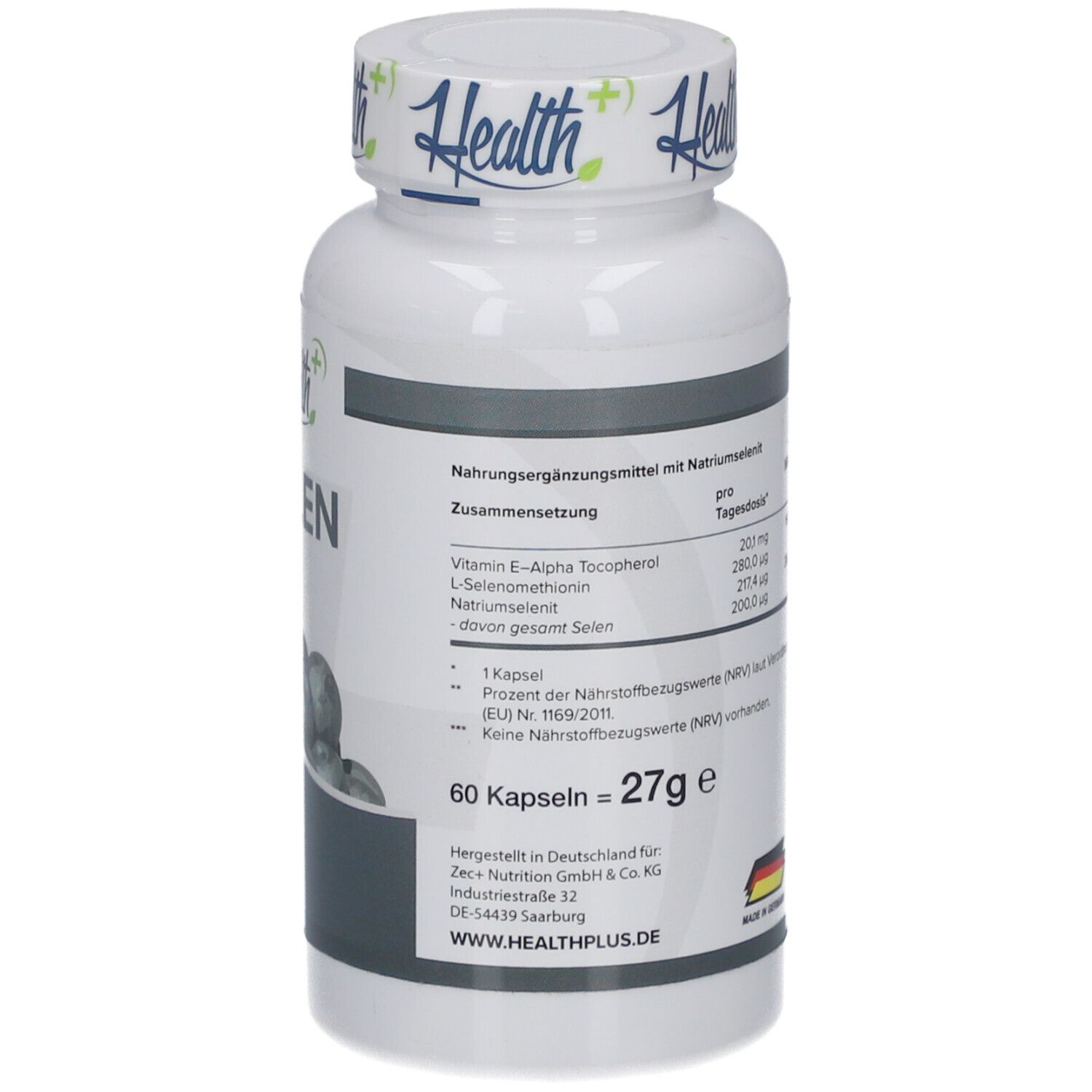 Dos du flacon HEALTH+ SELEN. Informations nutritionnelles, ingrédients, 60 gélules, Fabriqué en Allemagne.