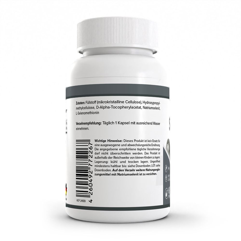 Dos du flacon HEALTH+ Sélénium 200 µg : Contient la liste des ingrédients, les instructions de consommation et les avertissements.