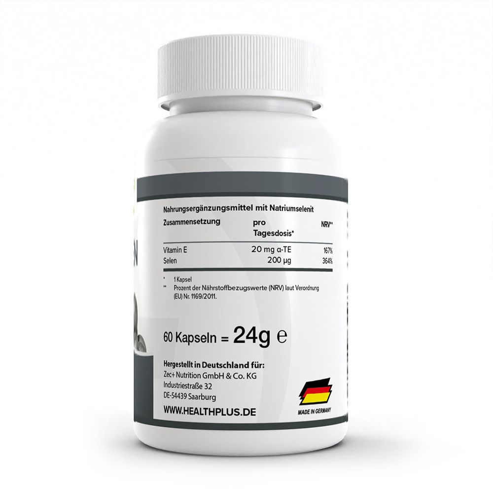 Flacon HEALTH+ Sélénium 200 µg : Étiquette indiquant les informations nutritionnelles par dose journalière, 60 gélules.