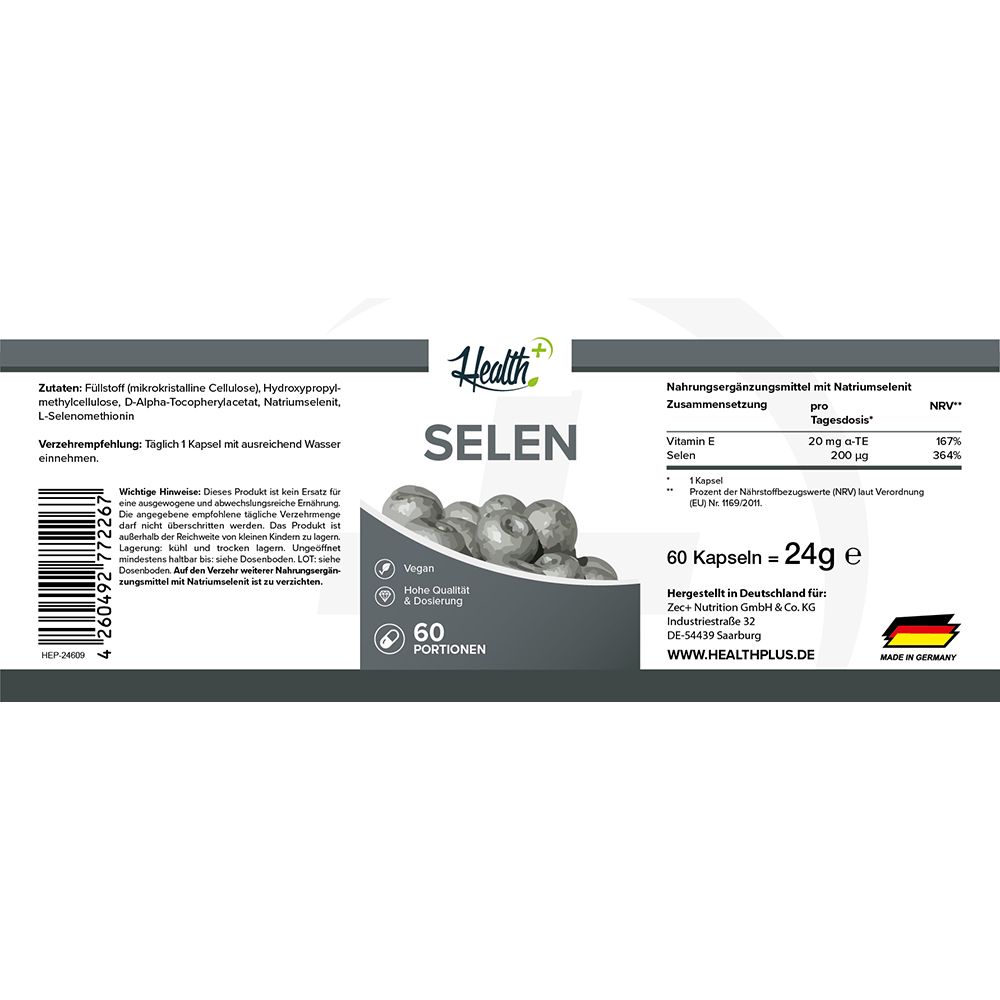 Flacon HEALTH+ Sélénium 200 µg : Vue avant et latérale avec détails de l'étiquette, 60 gélules.