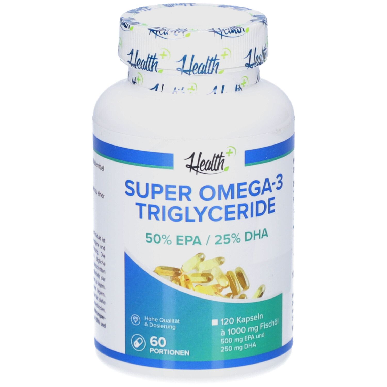 Weiße Flasche mit Kapseln. Aufschrift: Super Omega-3 Triglyceride, 50% EPA / 25% DHA. 120 Kapseln.