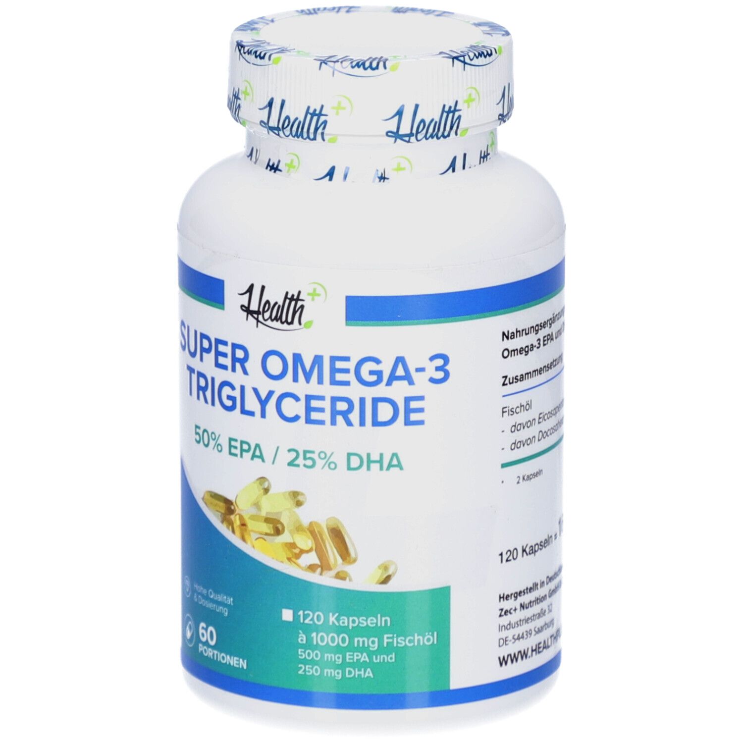 Weiße Flasche mit Kapseln. Aufschrift: Super Omega-3 Triglyceride, 50% EPA / 25% DHA. 120 Kapseln. 60 Portionen.